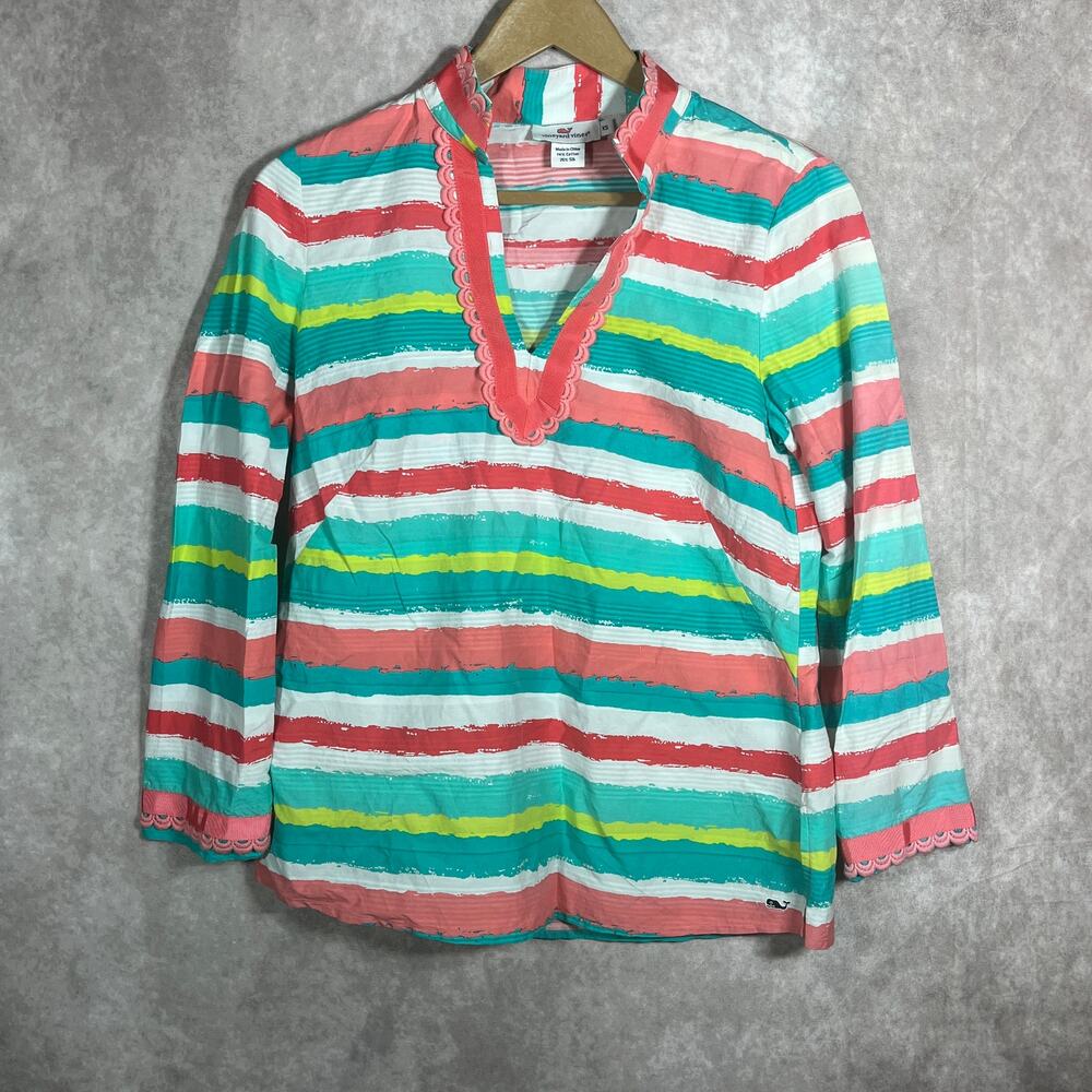 Vineyard Vines Top Womens XS Green Pin Striped Cotton Silk Blend Crochet Preppy